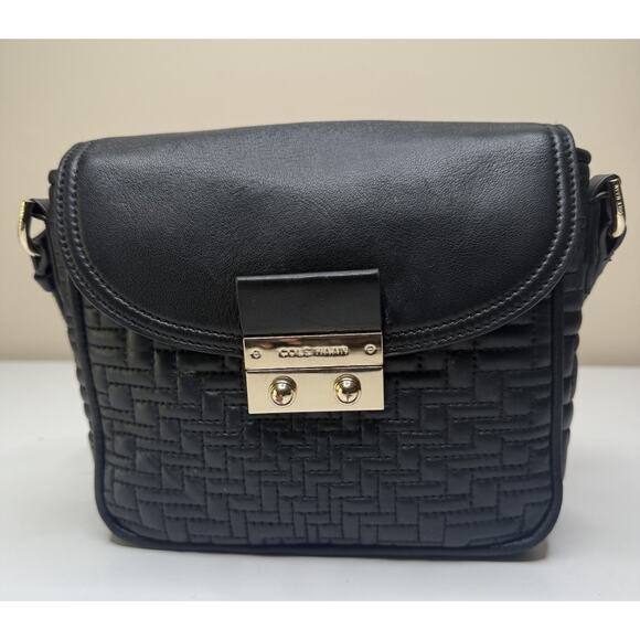 Cole Haan Elizabeth Crossbody Small Black Quilted Leather Push Lock Flap Bag - Picture 1 of 10